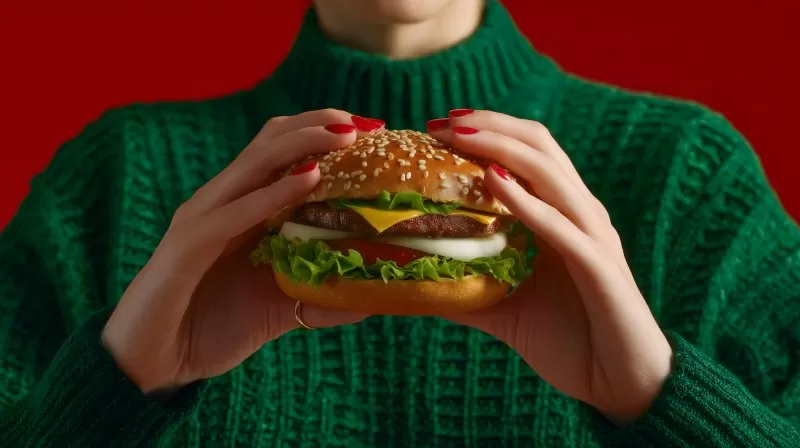 Cheeseburger with lettuce tomato and sesame bun held by woman