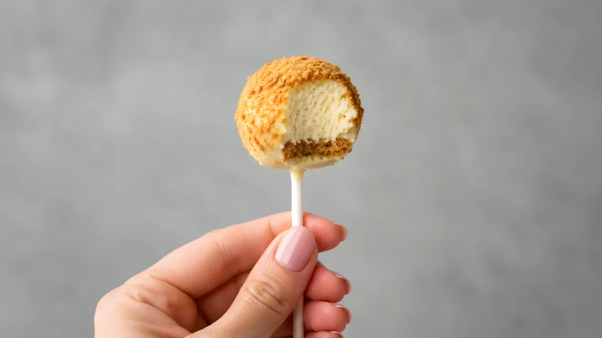 Cheesecake-Pop am Stiel mit einem Bissen
