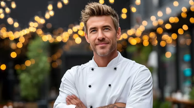 Chef Smiling Outdoors with Bokeh Lights