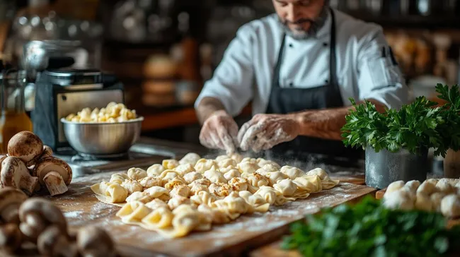 Chefkoch bereitet handgemachte Tortellini in moderner Küche zu