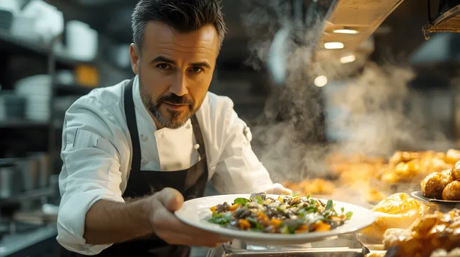 Chefkoch serviert dampfendes Gourmetgericht in Restaurantküche