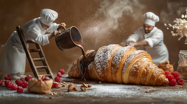 Chefköche bereiten köstliches Croissant mit Zutaten zu