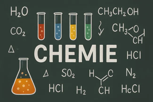 Chemie-Illustration mit Reagenzgläsern und Formeln