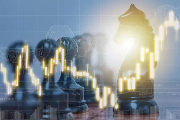 Chess game and stock market or forex trading graphs charts for financial investment concept