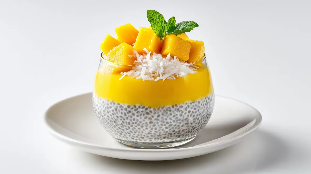 Chia Pudding mit Mango und Kokos photorealist