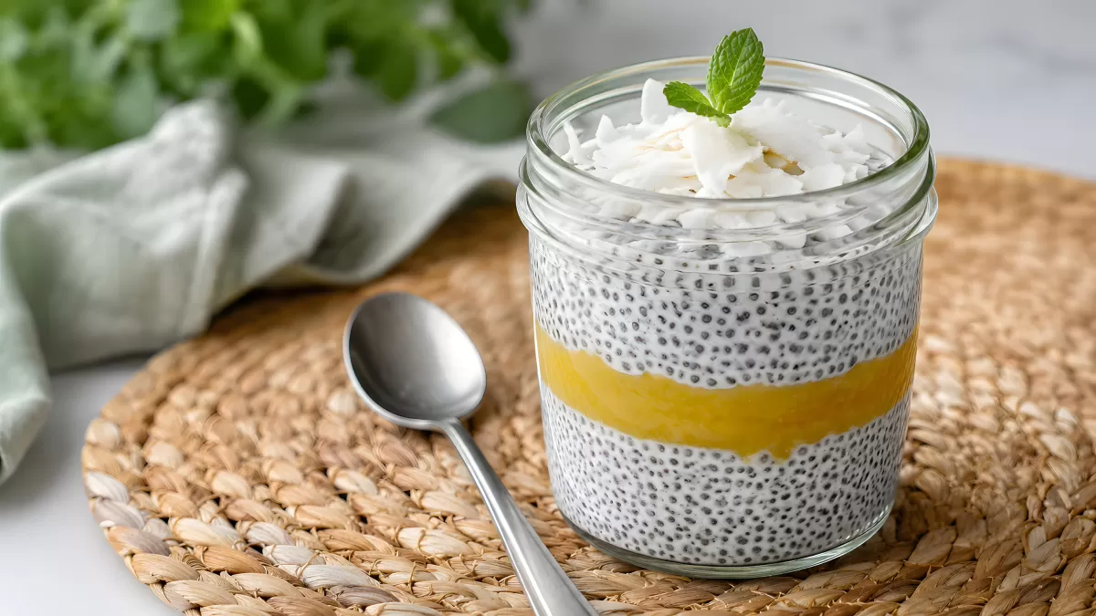 Chia-Pudding mit Mangocoulis im Glas