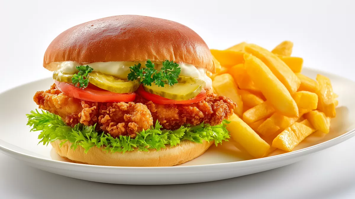 Chicken Burger Crispy mit Pommes auf weißem Teller