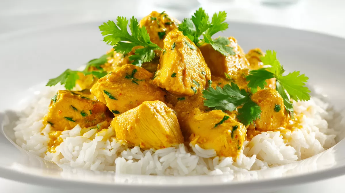 Chicken Curry mit Reis und frischem Koriander