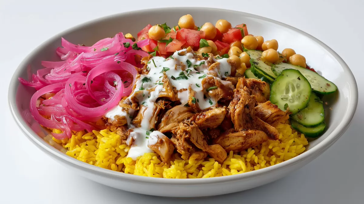 Chicken Shawarma Bowl mit Kurkuma-Reis und Gemüse