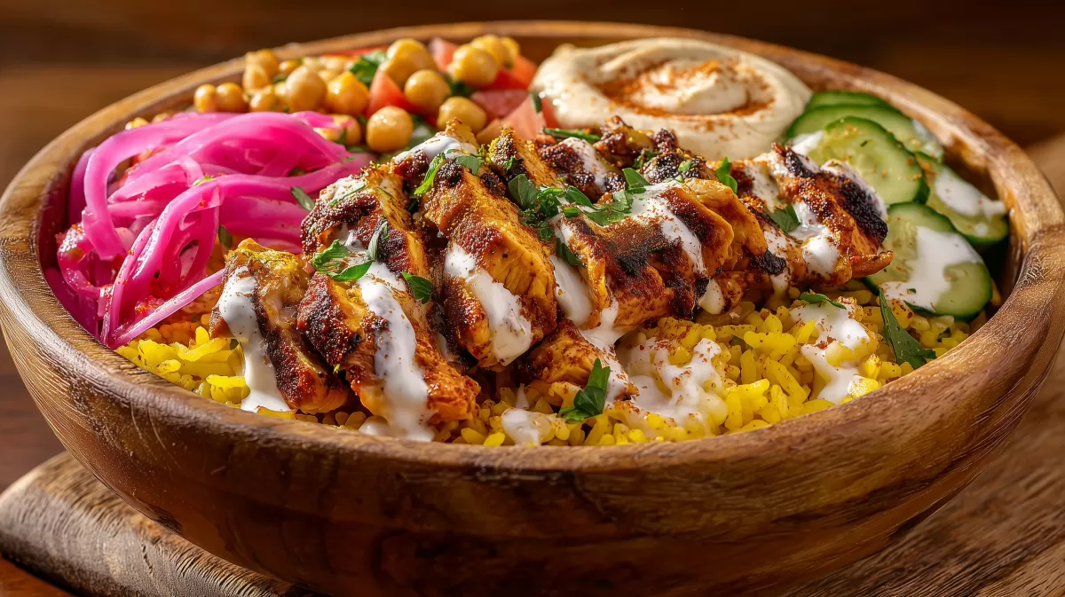 Chicken Shawarma Bowl mit Reis und Hummus