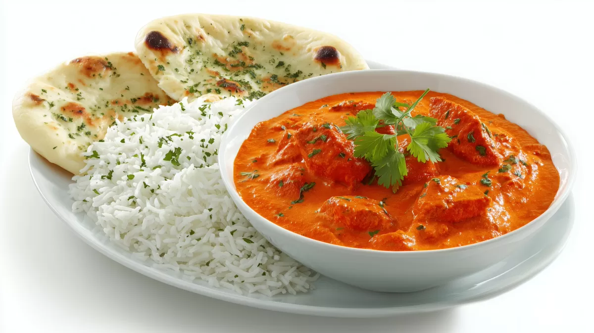 Chicken Tikka Masala mit Naan-Brot und Basmatireis