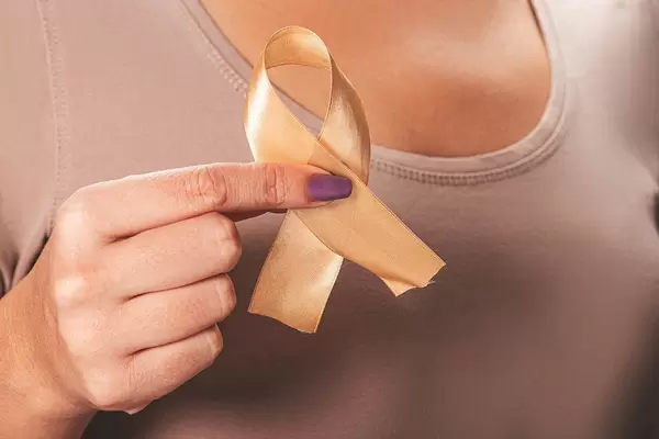 Children Healthcare and World cancer day concept. Gold ribbon in a female hand (Flip 2019)