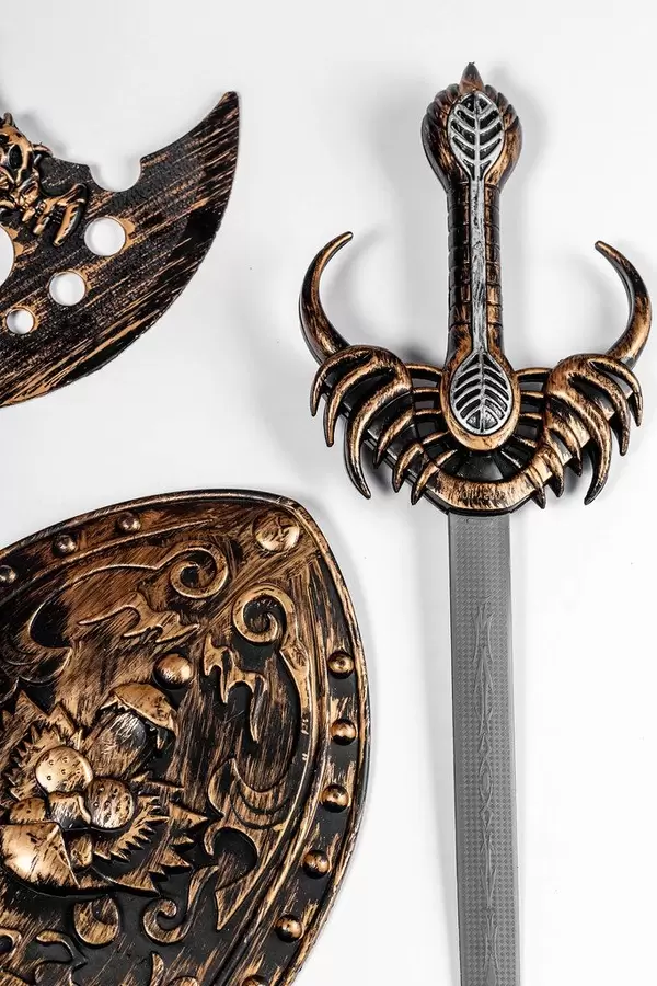 Children's set sword, shield and axe on white background (Flip 2019)