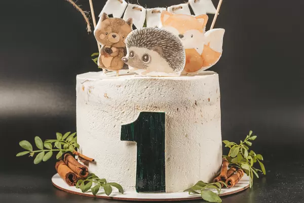 Child's birthday cake decorated with animal figurines on a dark background