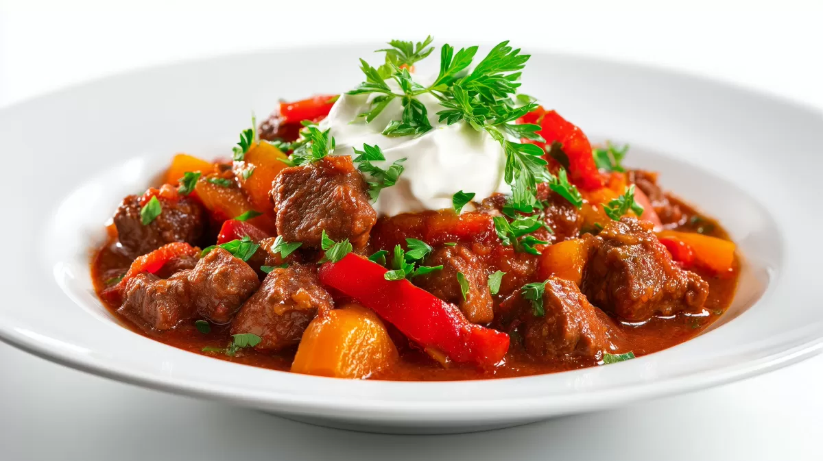 Chili con Carne Gulasch mit Paprika und Sauerrahm
