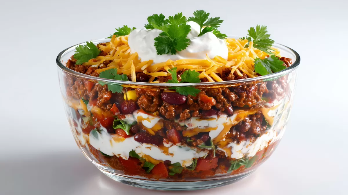 Chili con Carne Schichtsalat in Glasschüssel