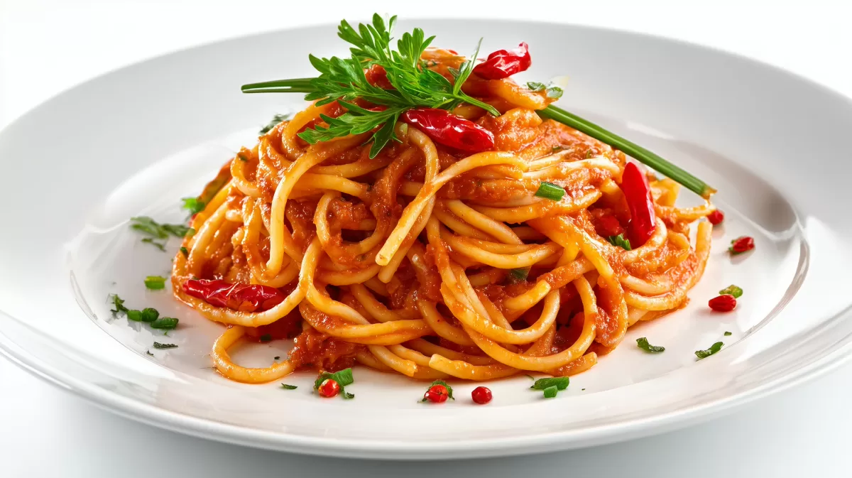 Chili Spaghetti Sauce mit roten Chilis auf Teller