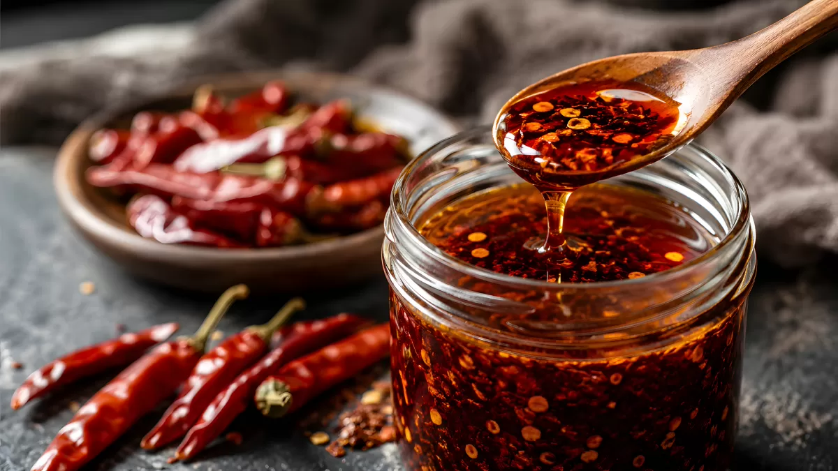 Chiliöl im Glas mit getrockneten roten Chilischoten
