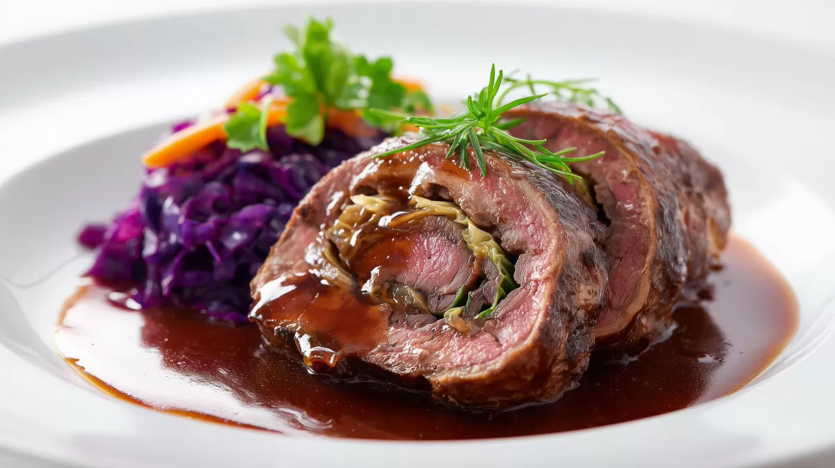 Chinakohl Rouladen mit Rotkohl und dunkler Soße