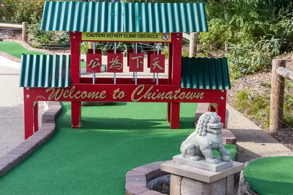Chinatown-themed obstacle at the mini golf course inspired by landmarks in Downtown Chicago