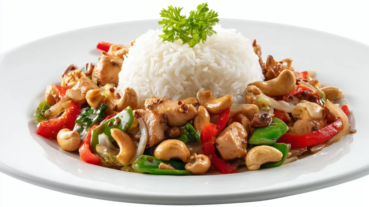 Chinesische Hühnchenpfanne mit Cashew und Reis — Bild kostenlos herunterladen