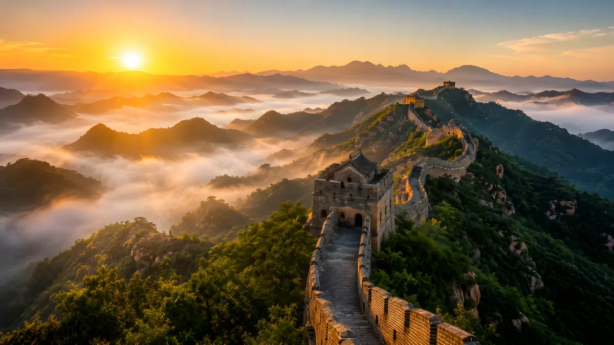 Chinesische Mauer im Morgennebel bei Sonnenaufgang
