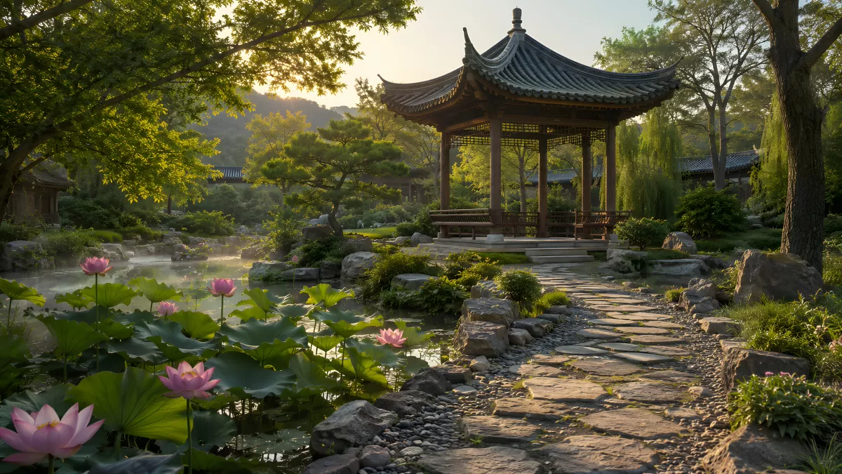 Chinesischer Garten mit Pavillon und Lotusblüten