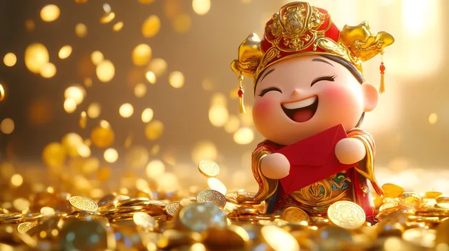 Chinesischer Glücksgott mit goldenen Münzen und rotem Umschlag