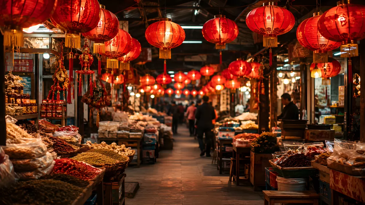 Chinesischer Markt mit roten Laternen und Gewürzen
