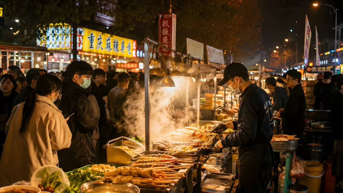 Chinesischer Nachtmarkt mit dampfenden Grillspießen