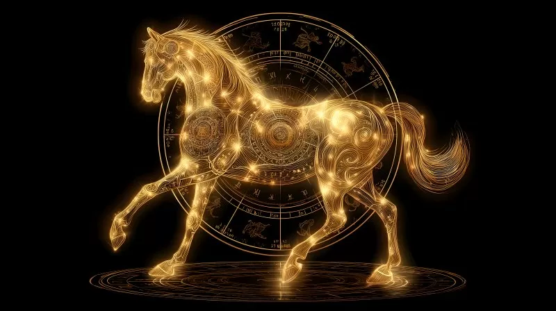 Chinesisches Horoskop 2026 mit leuchtendem goldenen Pferd
