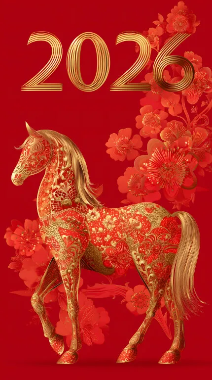 Chinesisches Neujahr 2026 - Goldenes Pferd in Blumenranken