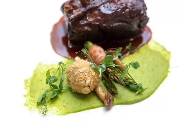Chino Latino Wagyu Short Rib with Asparagus, Bone Marrow, BBQ Jus