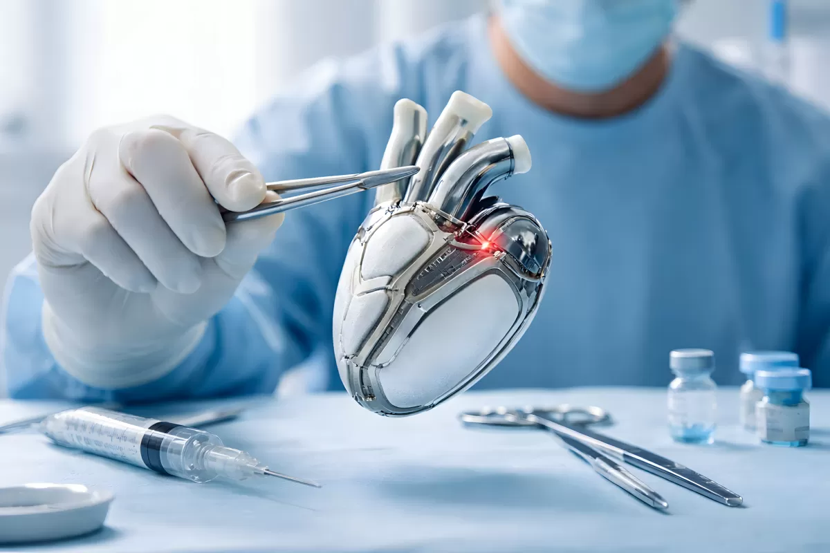 Chirurg hält mechanisches Kunstherz mit Pinzette