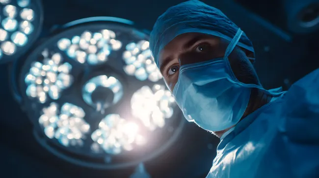 Chirurg im OP unter grellen Operationslampen