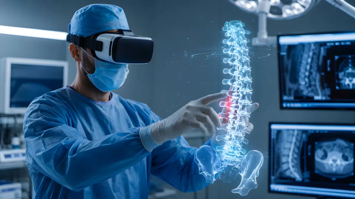 Chirurg mit VR-Brille analysiert holografische Wirbelsäule