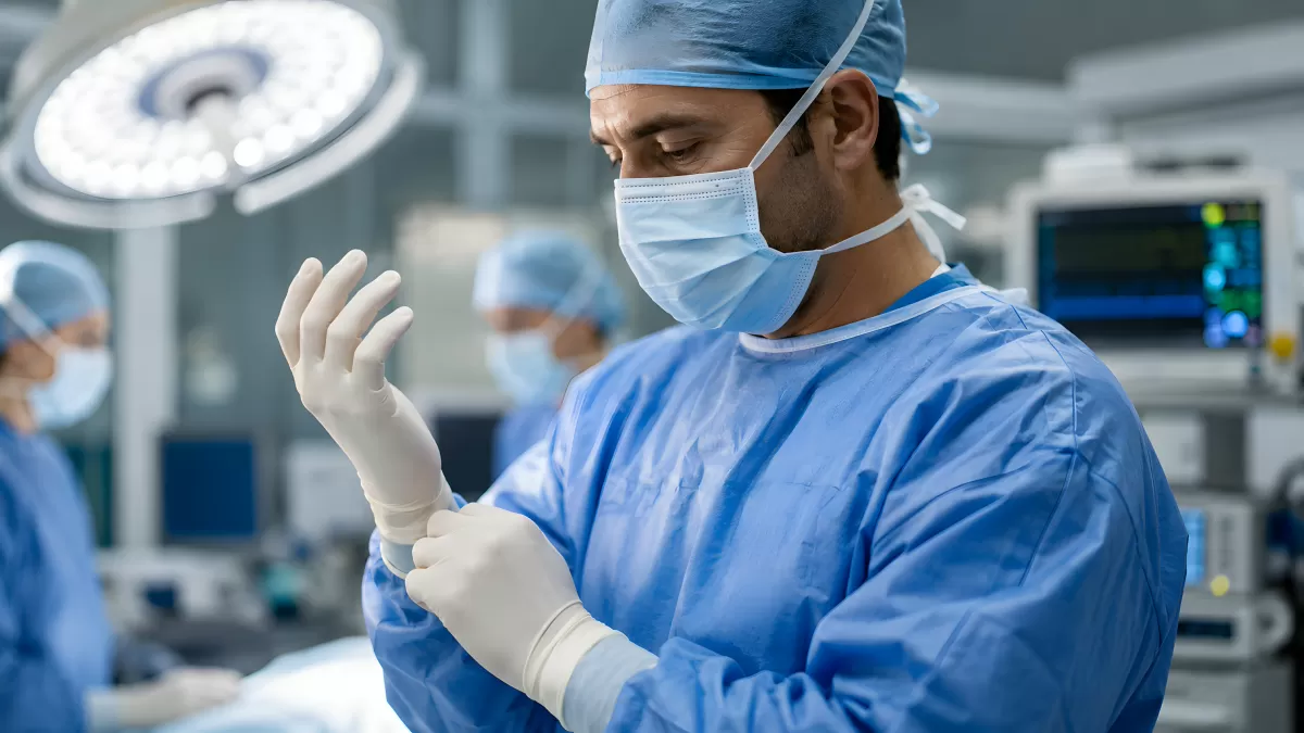 Chirurg zieht sterile Handschuhe im Operationssaal an