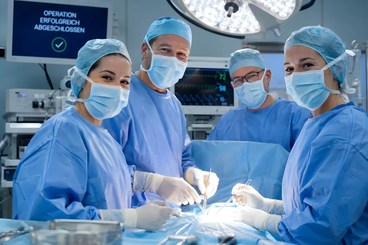 Chirurgenteam nach erfolgreicher Operation im OP-Saal