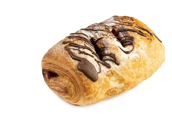 Chocolate Croissant with Chocolate Topping above white background