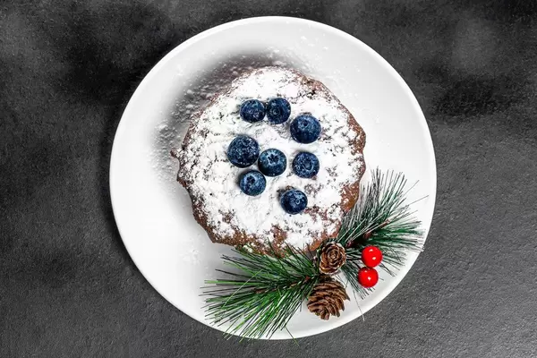 Chocolate cupcake sprinkled with powdered sugar with fresh blueberries. Top view