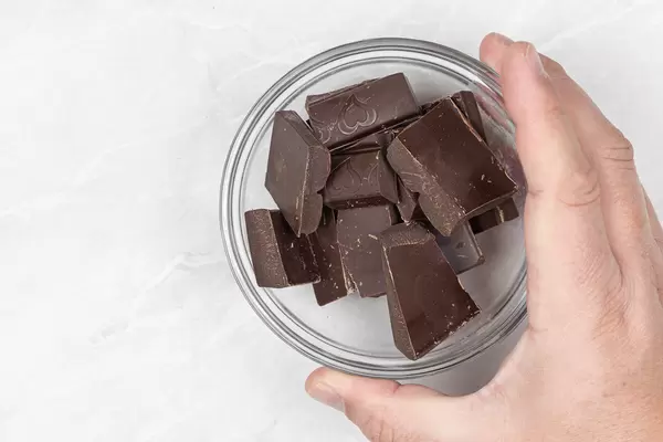 Chocolate for Cooking in the bowl with copy space