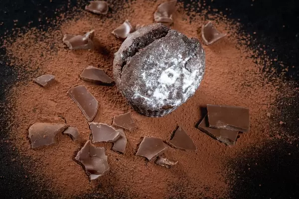 Chocolate muffins and chocolate pieces. Dark lighting