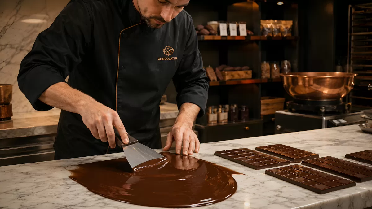 Chocolatier beim Temperieren von Schokolade auf Marmorplatte