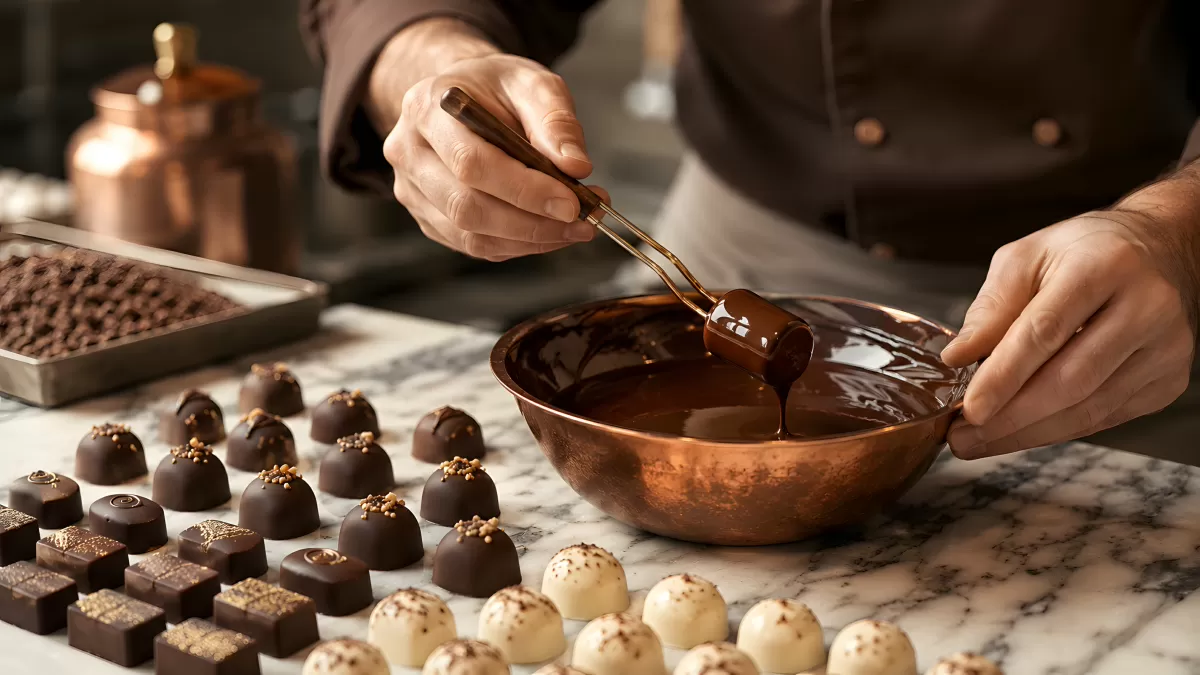 Chocolatier taucht Praline in Kupferschüssel mit Schokolade