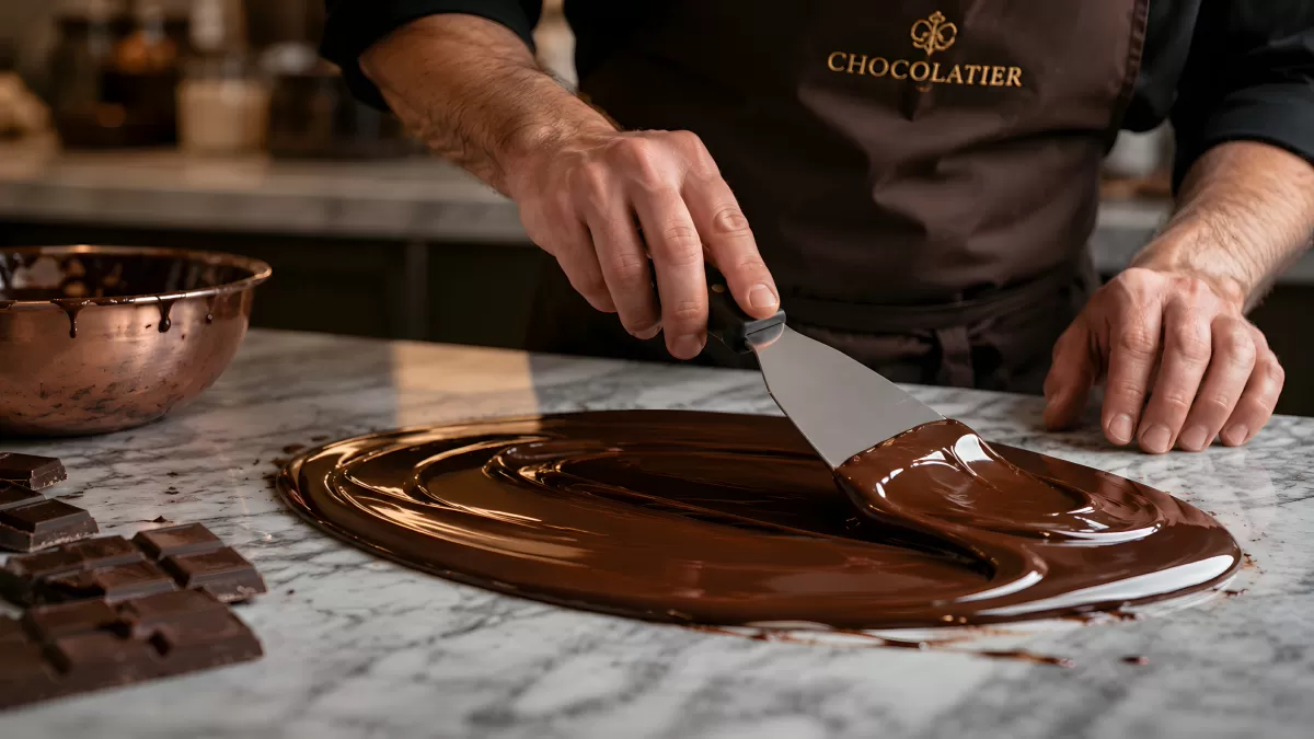 Chocolatier temperiert Schokolade auf Marmorplatte