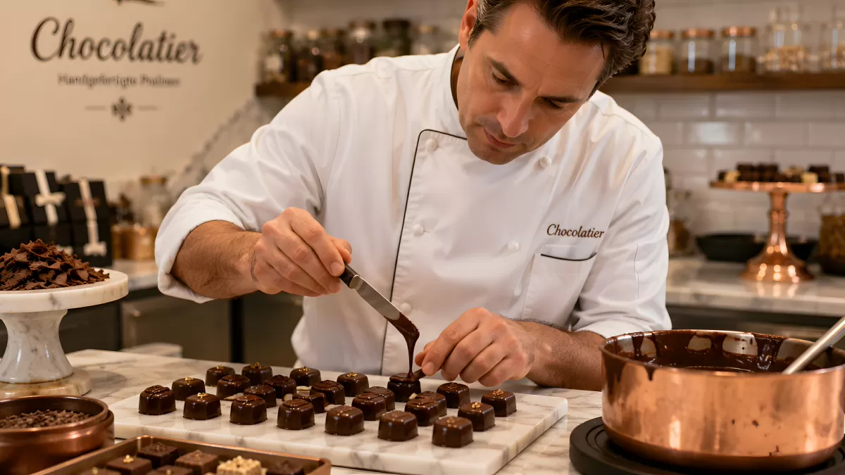 Chocolatier verziert handgemachte Pralinen mit Schokolade