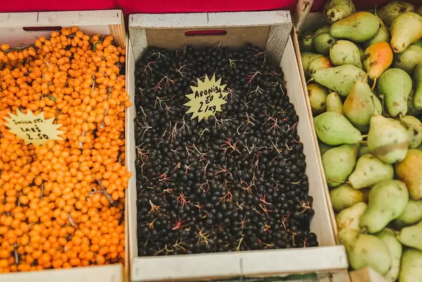 Chokeberry And  Sea ​​Buckthron, Pear Boxes  In Market
