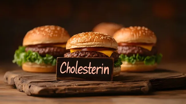 Cholesterinreicher Burger auf rustikalem Holzbrett