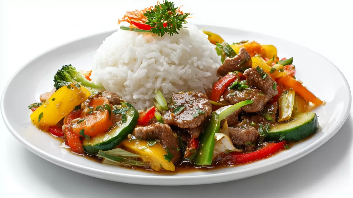 Chop Suey mit Schweinefilet und Reis auf Teller