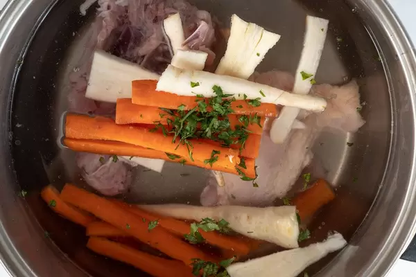 Chopped Carrot and Parsnip with Chicken meat in the soup (Flip 2019)